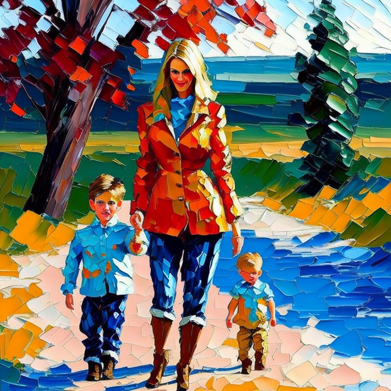 Abstract painting: Woman with two boys, vibrant colors, cubist style