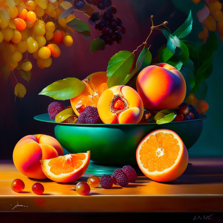 Colorful still life painting of ripe fruits in a green bowl on a dark background