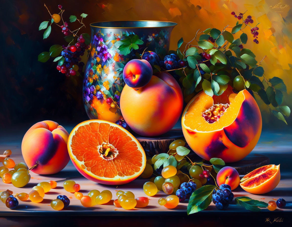 Colorful still life painting with fruits and vase on vibrant backdrop