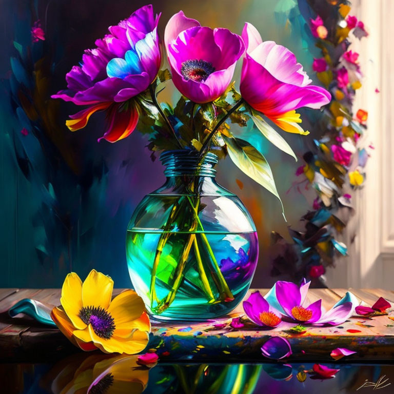 Colorful Flowers in Clear Vase with Dynamic Light Reflections