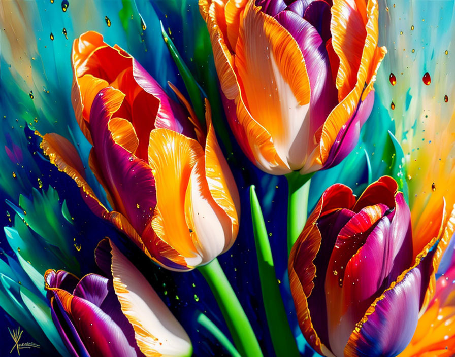 Colorful Tulips with Water Droplets on Splattered Paint Background