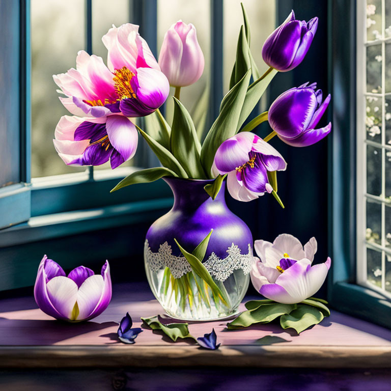 Pink and Purple Tulip Bouquet in Purple Vase on Wooden Windowsill