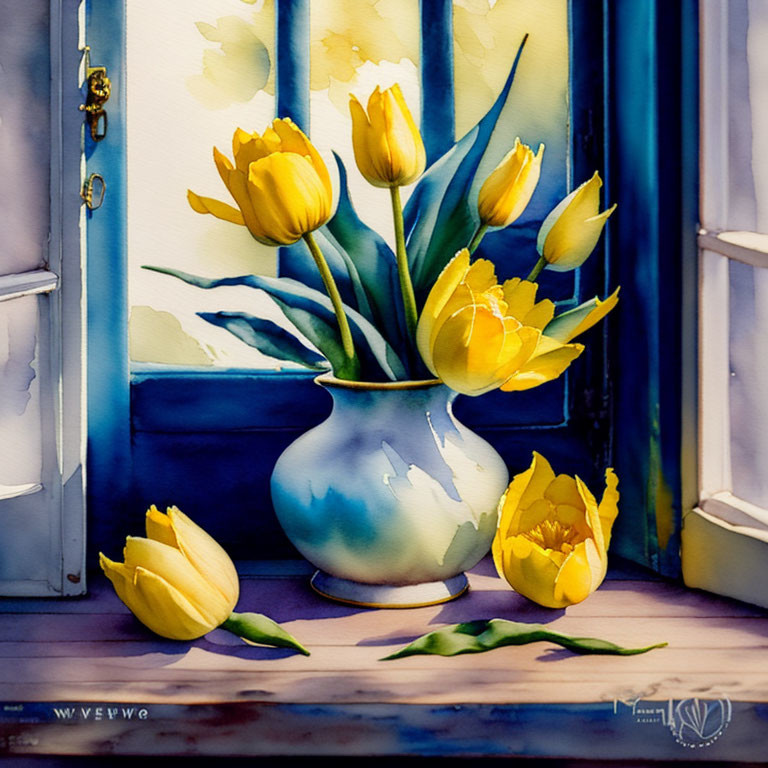 Yellow Tulips Watercolor Painting in White Vase by Open Window