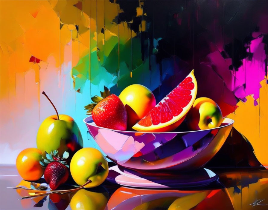 Colorful Fruit Bowl Painting on Abstract Background