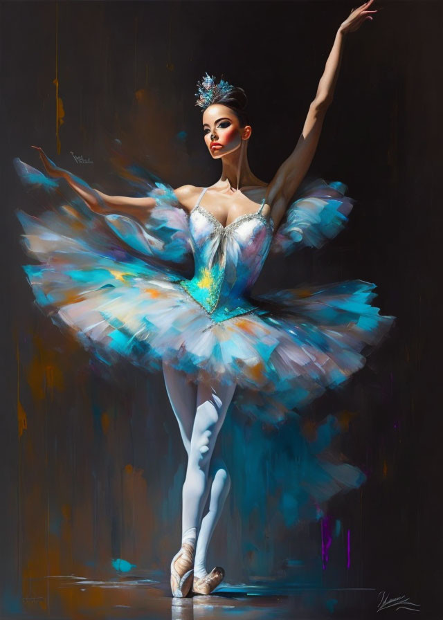 Elegant ballerina in vibrant tutu poses en pointe against dark background