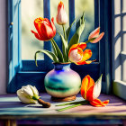 Vibrant Tulips Painting in Floral Vase by Sunny Window