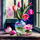 Pink and Purple Tulip Bouquet in Purple Vase on Wooden Windowsill