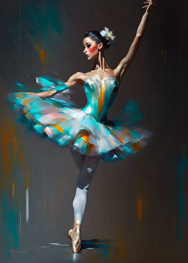 Colorful tutu ballerina in graceful pose with blurred background