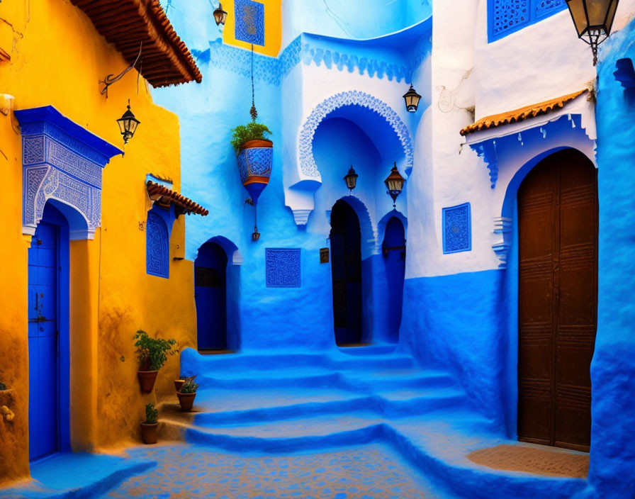 Colorful Moroccan Alley with Blue Walls and Hanging Plants