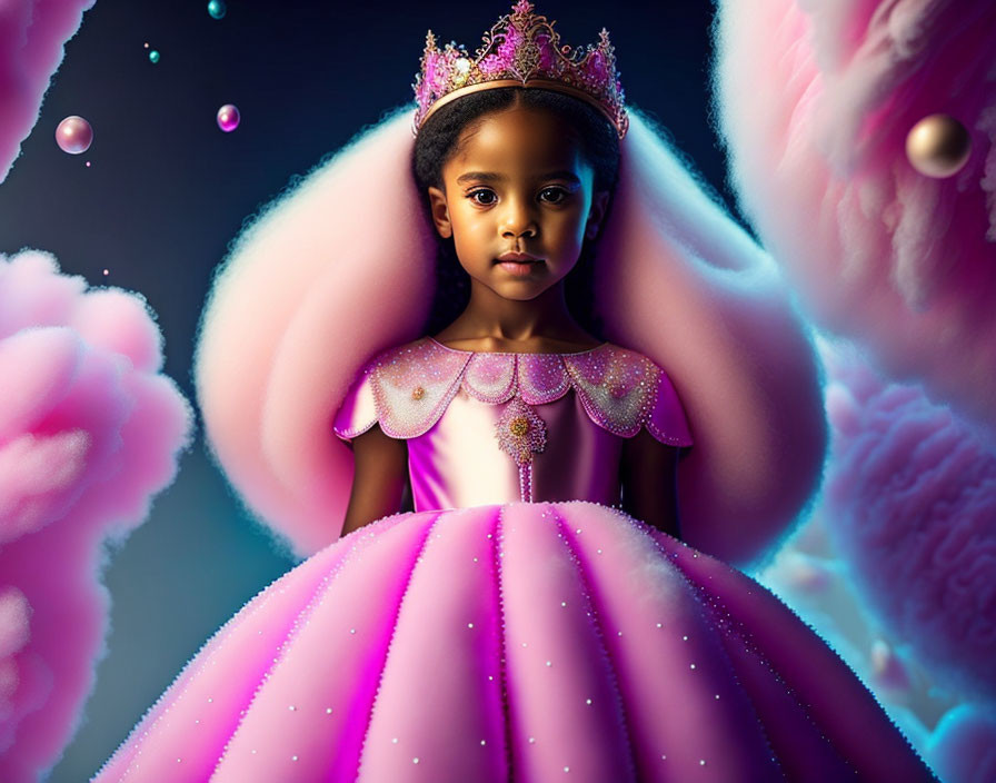 Young girl in princess costume with magical lights and floating orbs.