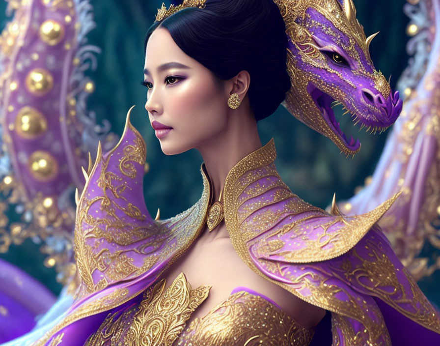 Regal woman in ornate attire with golden details and purple dragon.