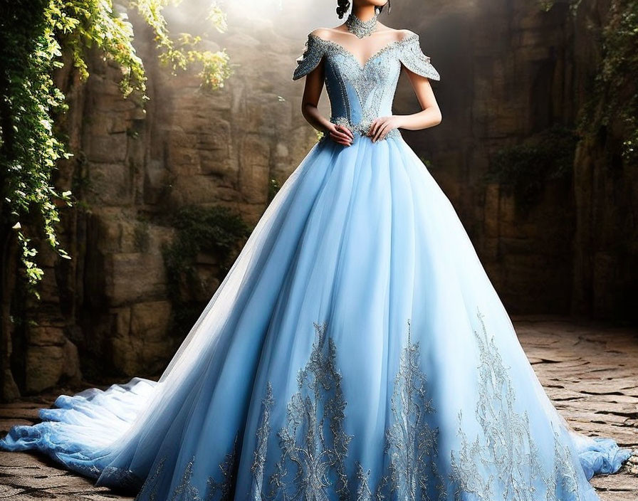 Elegant woman in blue ball gown with lace embroidery against stone wall background