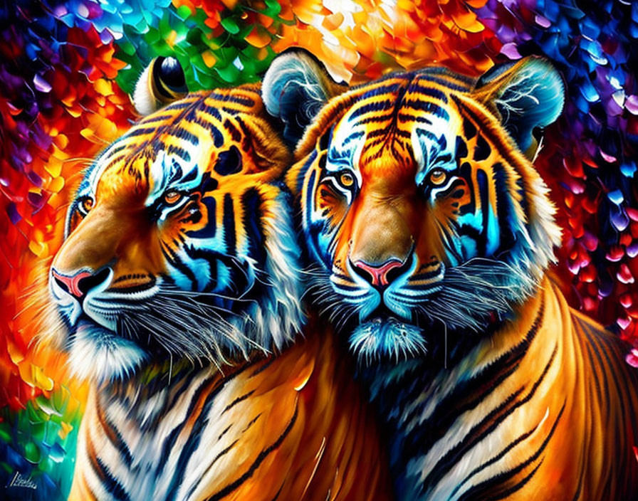 Colorful digital painting of two tigers in intense gaze.