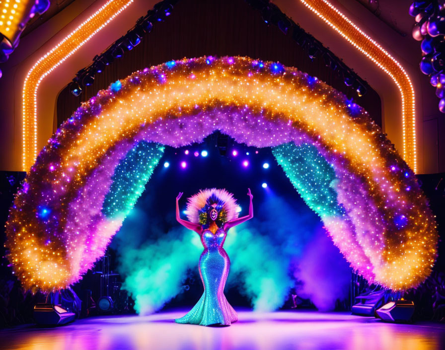 Sparkling Costume Performer on Stage with Feathered Headpiece and Colorful Lights