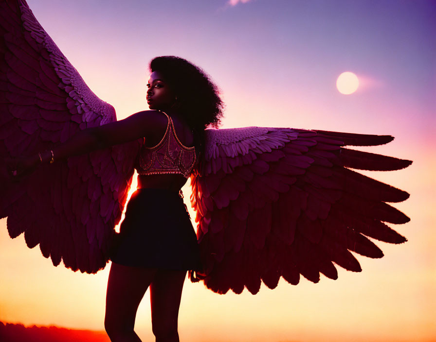 Profile of woman with large angel wings in twilight sky with moon.