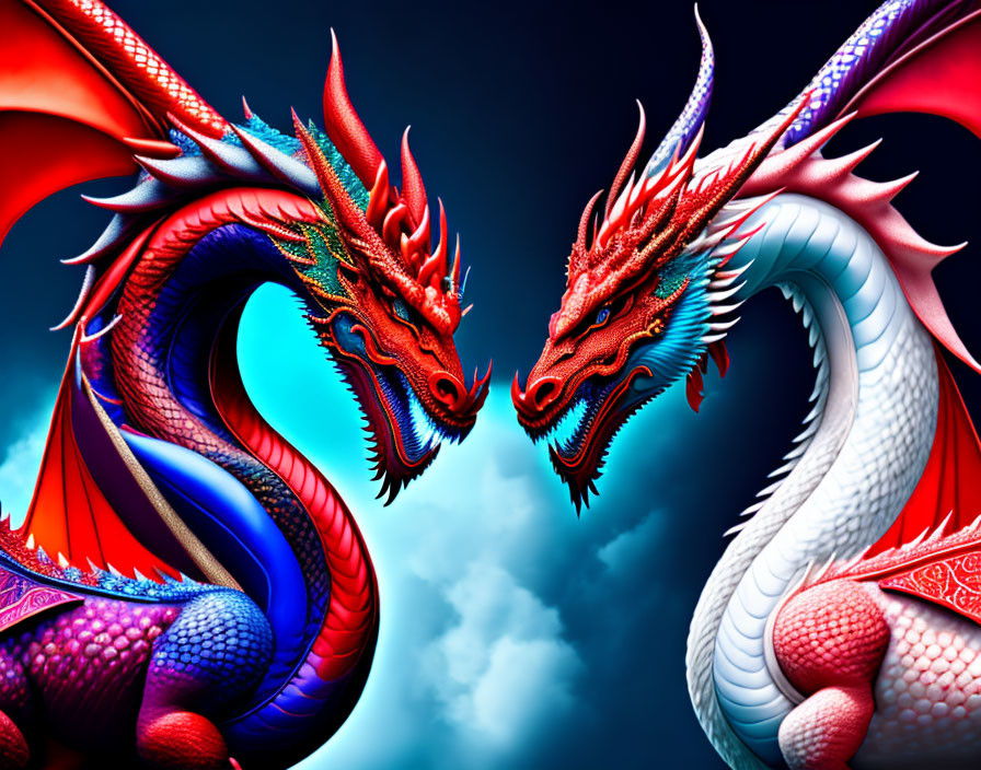 Vibrant colorful dragons face off under blue sky