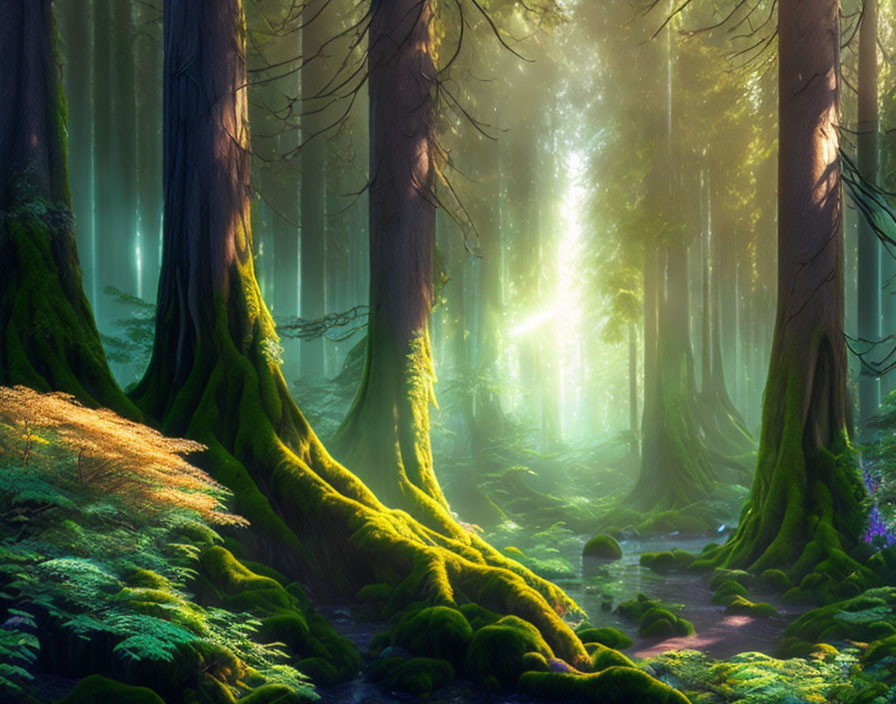 Enchanting forest with tall trees and ethereal sunlight