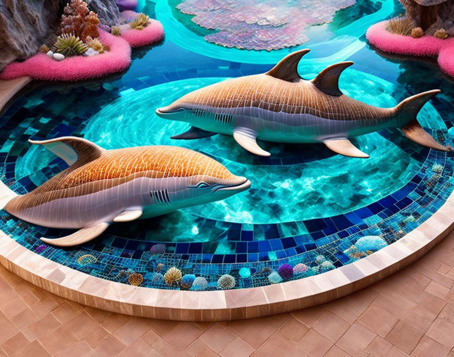 Digital Art: Dolphins Jumping Above Surreal Pool