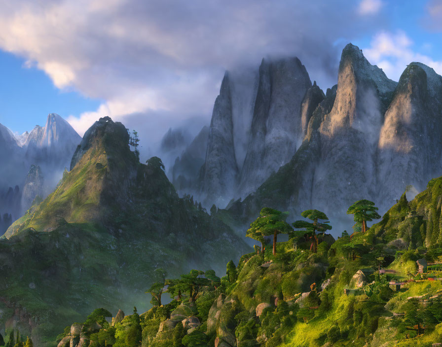 Majestic mountain landscape with lush greenery and towering peaks in misty atmosphere