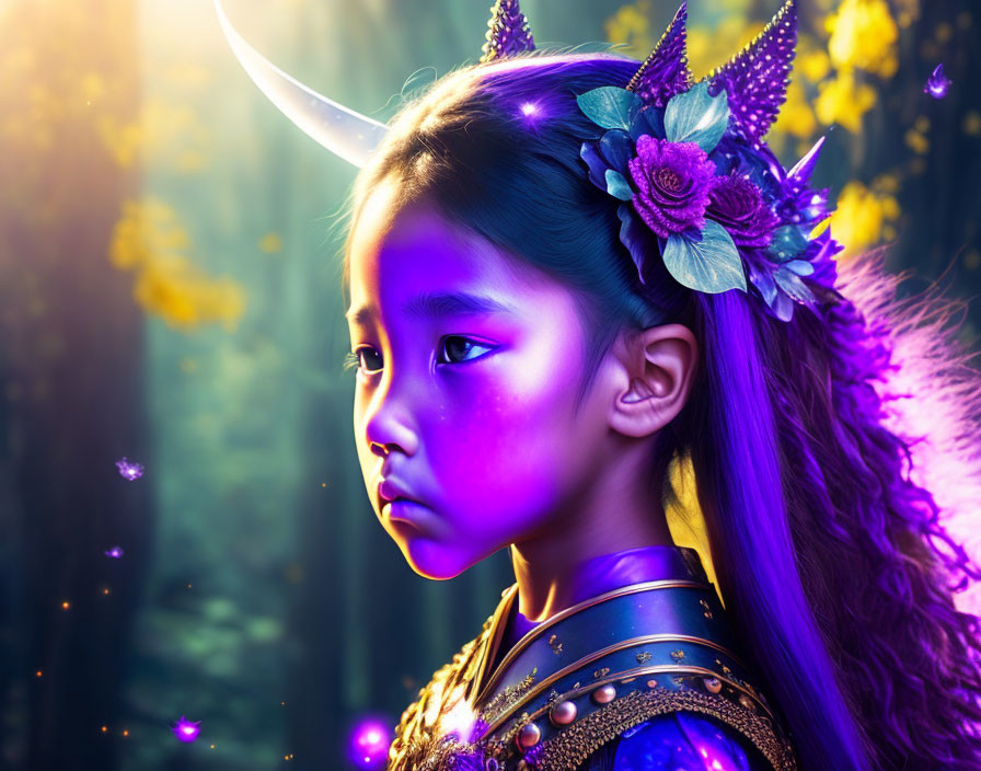 Young girl in fantasy makeup and costume as mystical creature in enchanted forest.