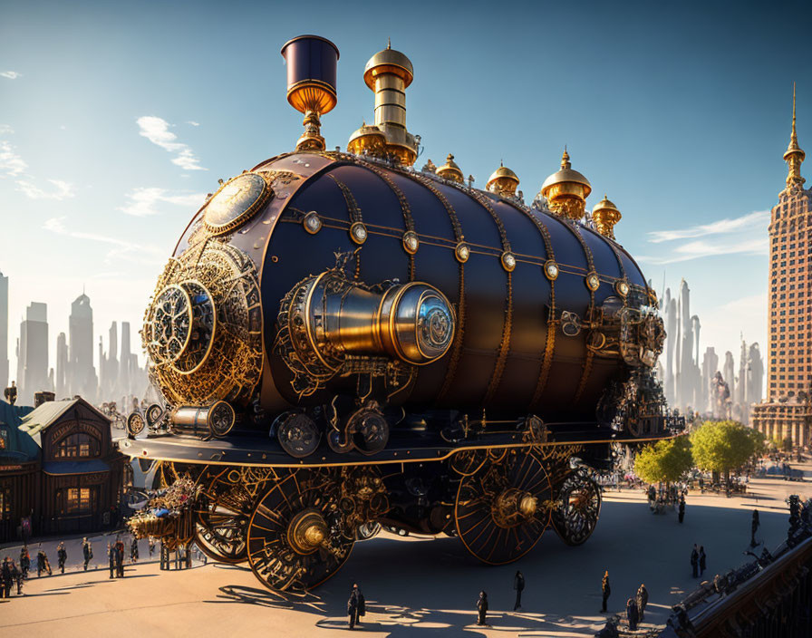 Steampunk-style airship with gears hovers above bustling urban plaza