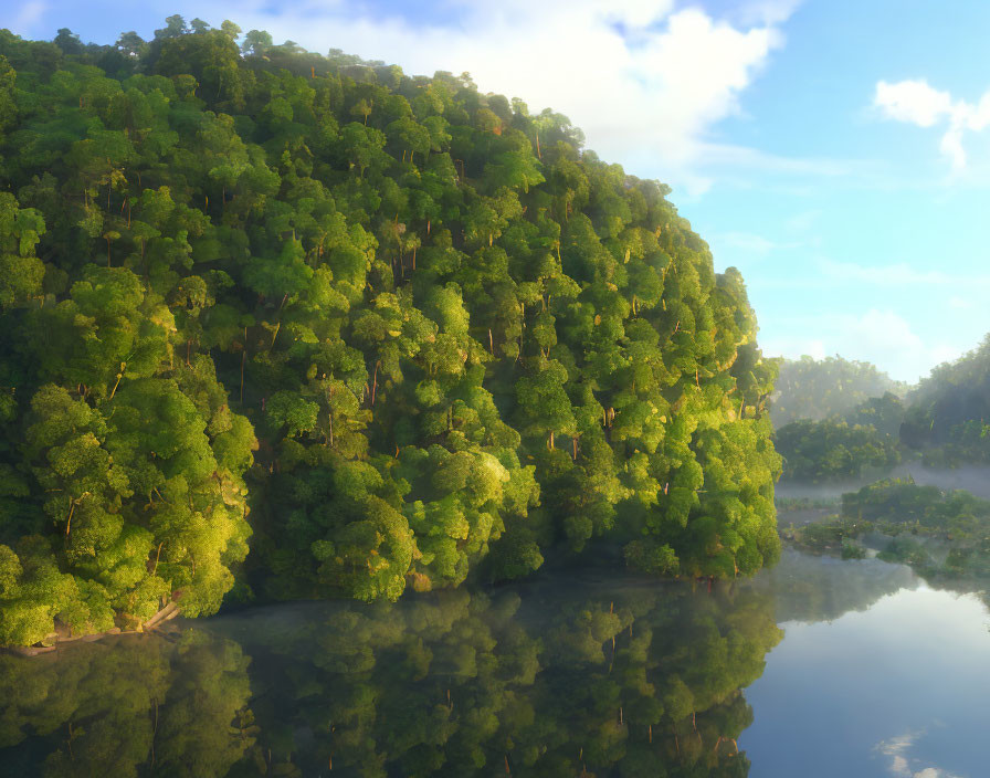 Tranquil forest scene with lush green trees and river reflection