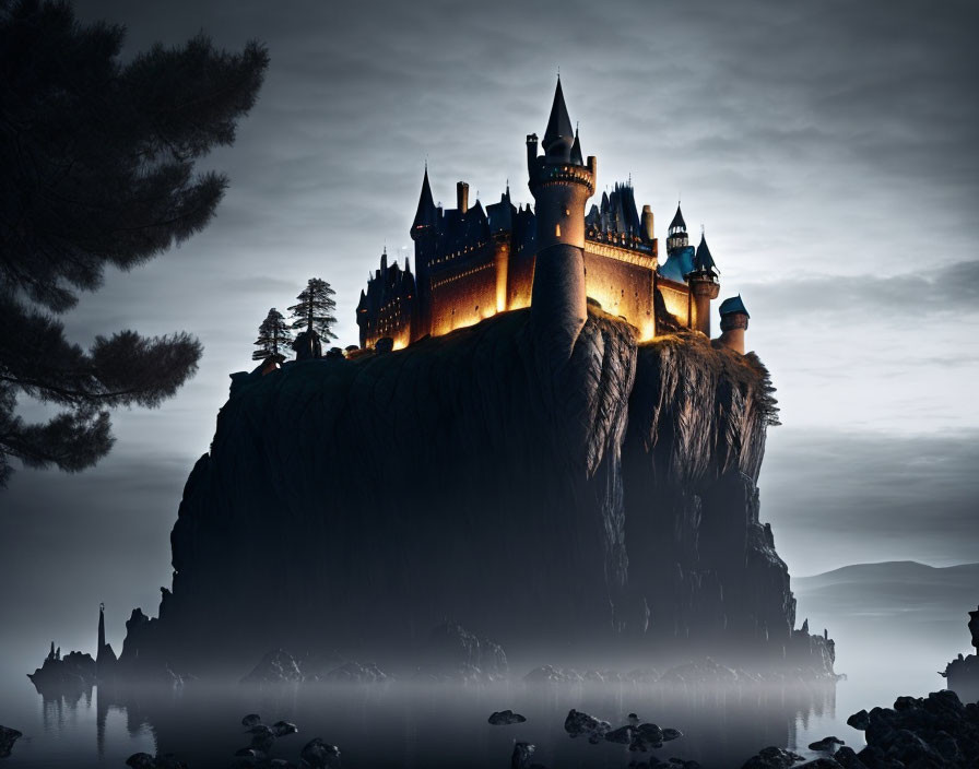 Illuminated castle on steep cliff in misty setting