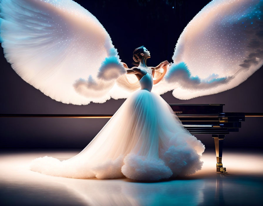 Elegant woman in white gown with glowing wings by grand piano