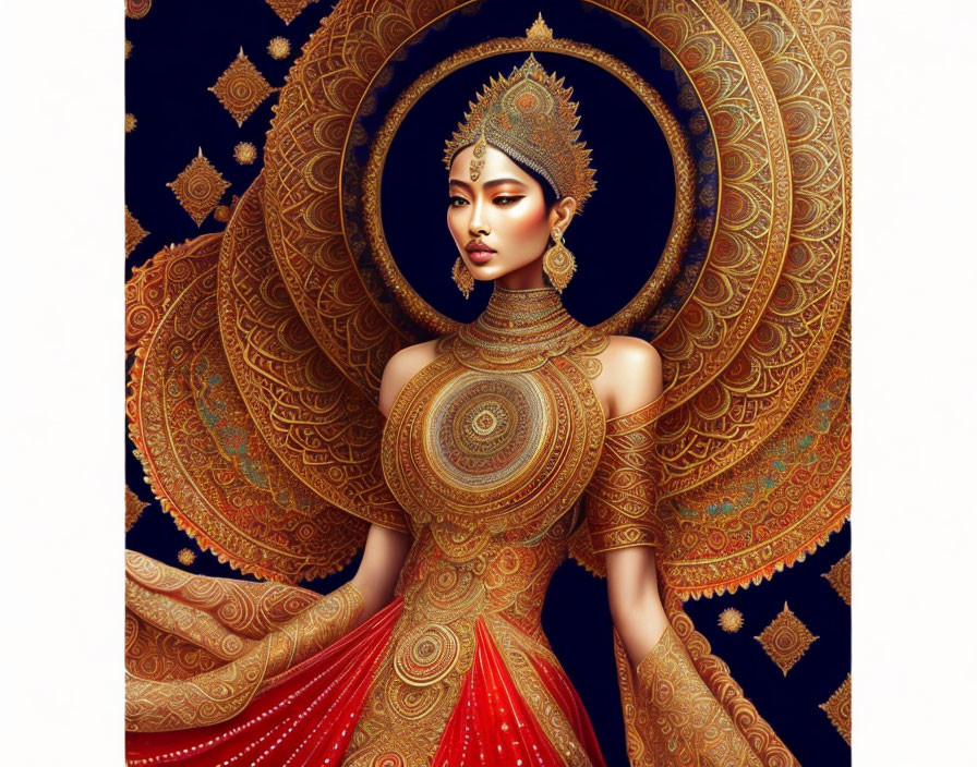 Detailed illustration: Woman in traditional Indian attire with gold jewelry & mandala-inspired halo