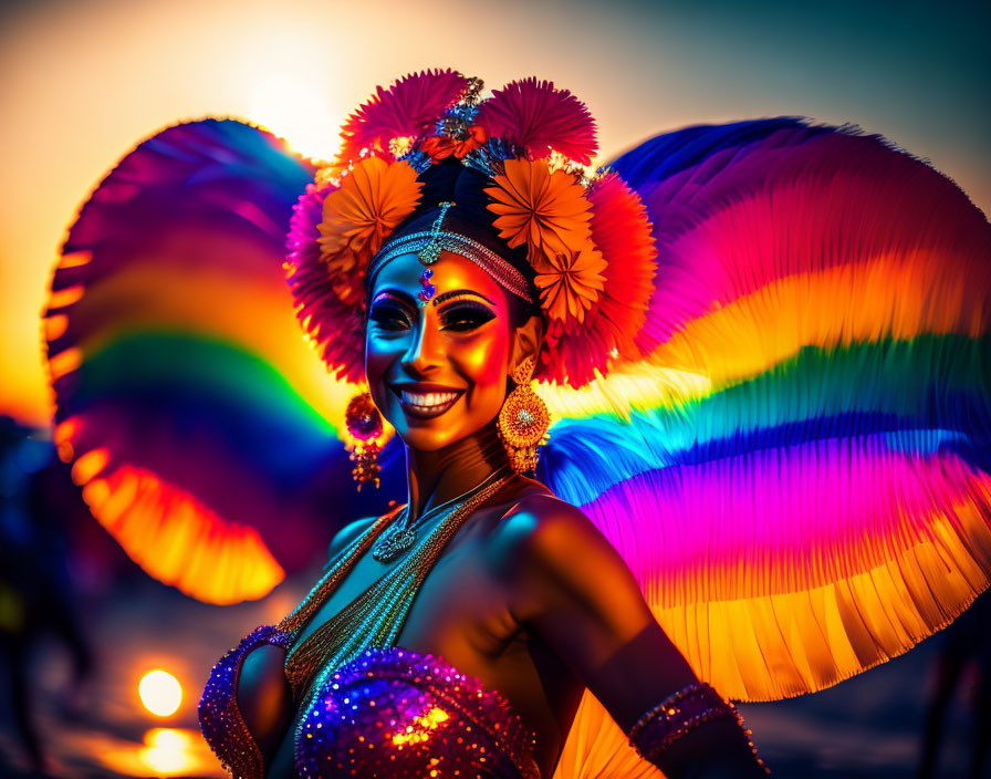 Colorful Carnival Dancer in Wing Costume at Sunset