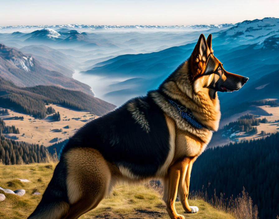 German Shepherd Dog Overlooks Misty Mountain Valley at Golden Hour