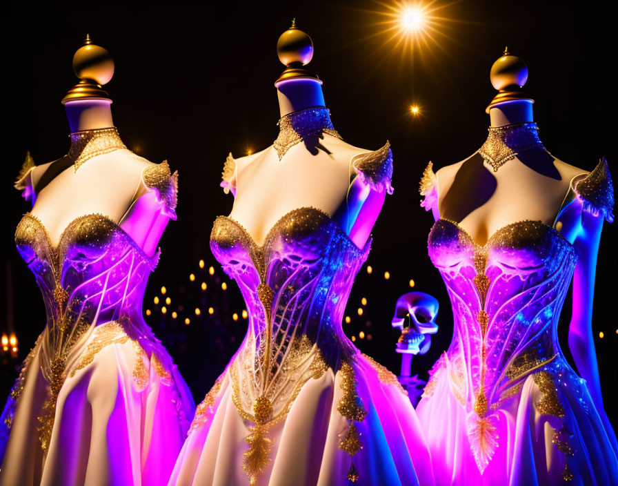 Elegant Dresses on Illuminated Mannequins in Dark Setting