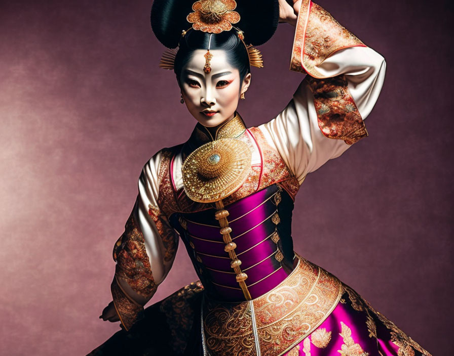 Elaborate Traditional Asian Costume Against Purple Backdrop