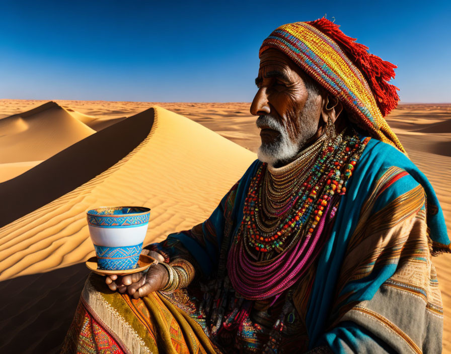 Person in traditional attire with patterned cup in desert landscape