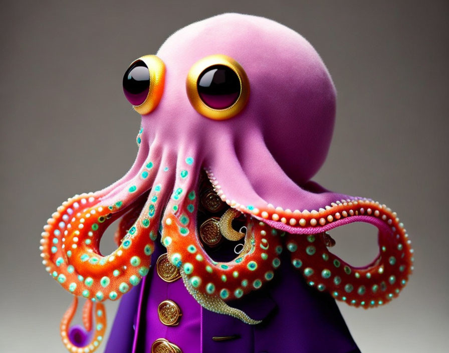 Octopus figurine with human body in purple suit jacket