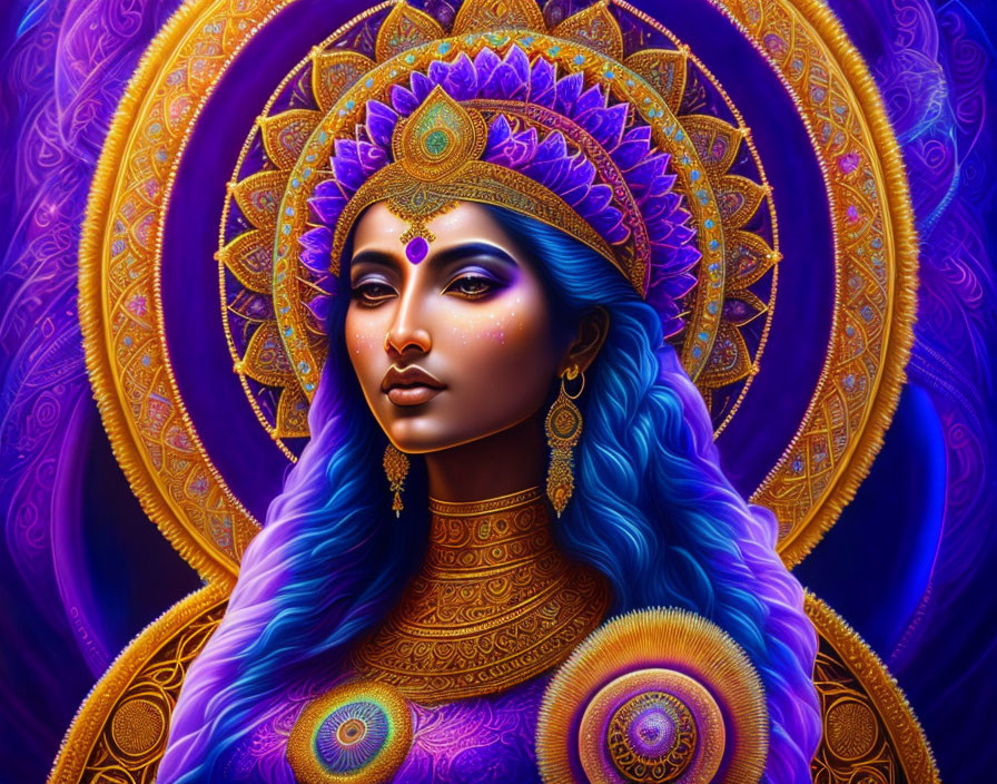 Digital artwork: Woman with blue skin, golden headgear, jewelry on purple mandala background