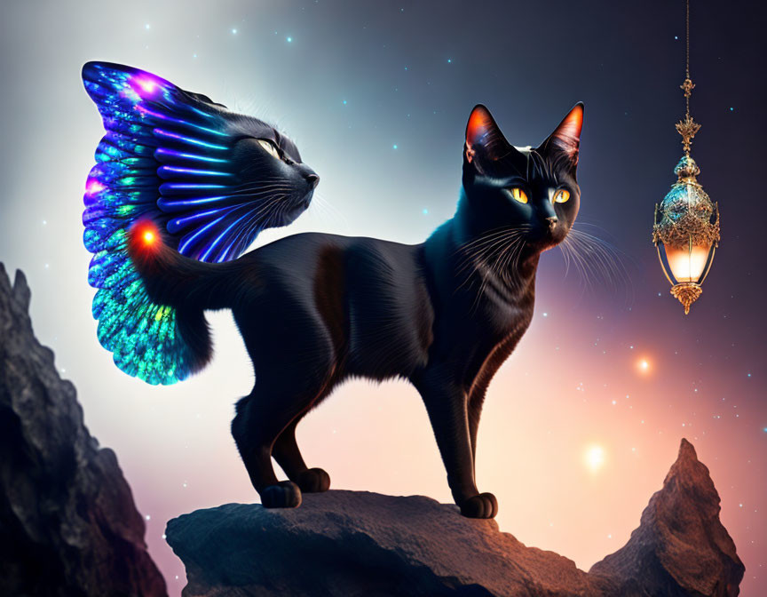 Black cat with butterfly wings on rock under starry sky with lantern