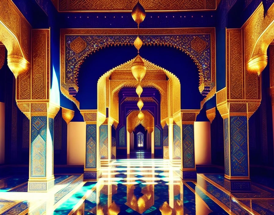 Opulent palace corridor with ornate arches and blue-gold designs