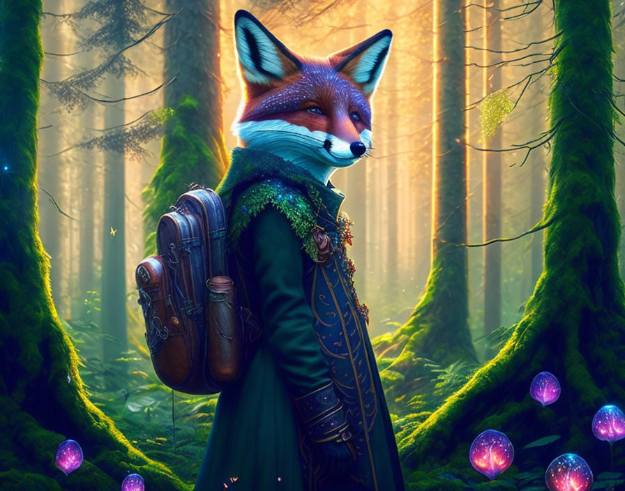 Anthropomorphic fox in elegant attire in enchanted forest