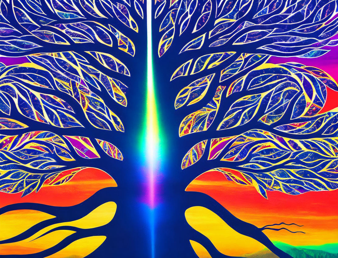 Symmetrical tree digital artwork with intricate leaf patterns