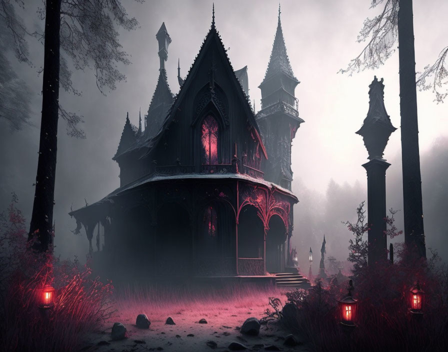 Gothic-style fantasy pavilion in misty twilight forest with eerie red lighting