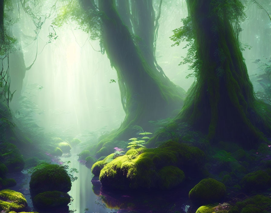 Mystical forest with moss-covered trees, serene stream, and sunbeams