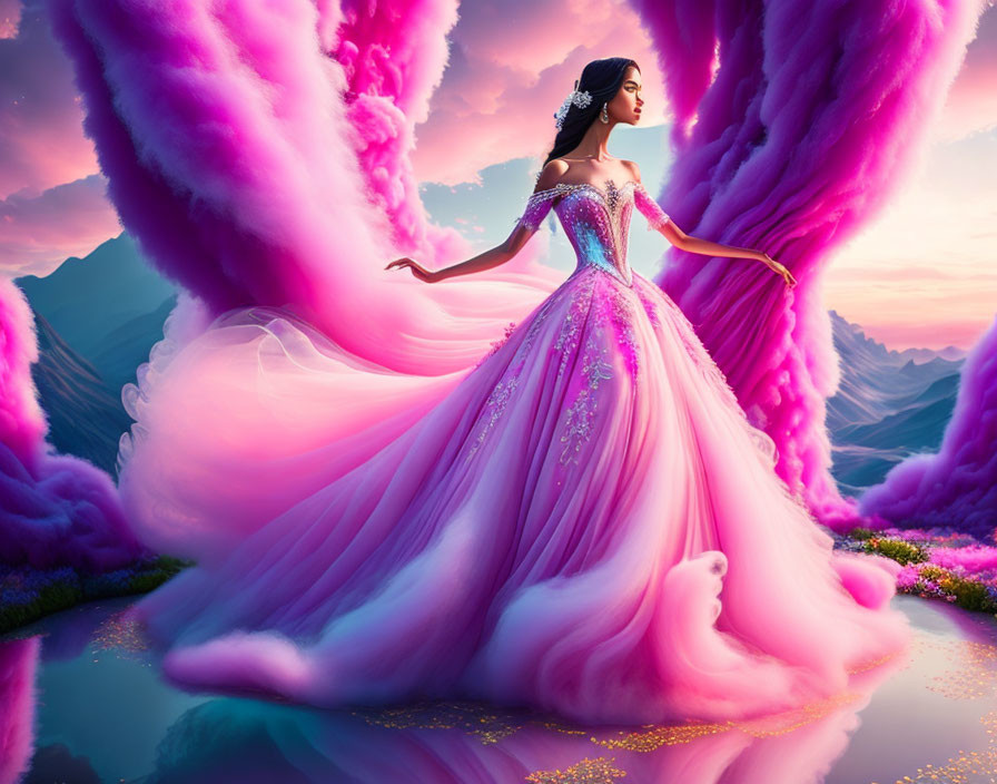 Elaborate pink gown woman in fantastical landscape