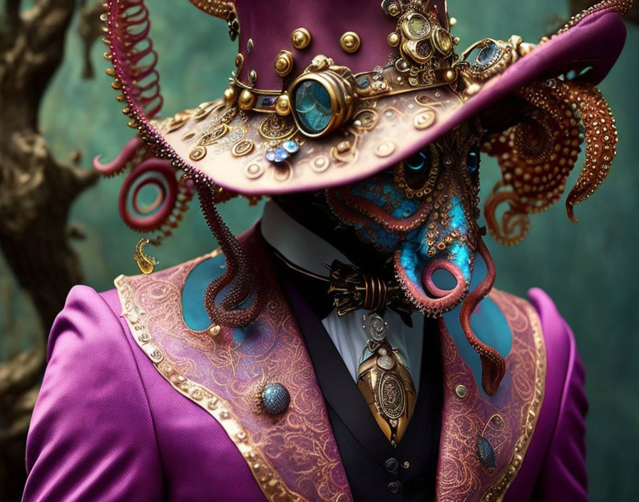 Person in Purple Jacket with Steampunk Octopus Mask and Hat