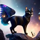 Black cat with butterfly wings on rock under starry sky with lantern