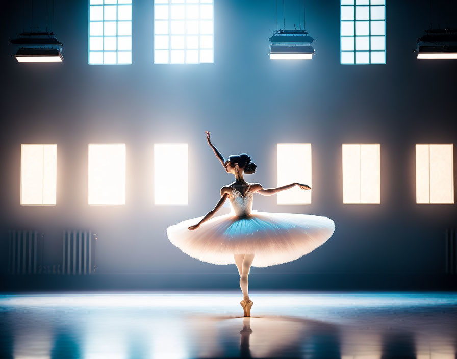 Ballet dancer in tutu strikes elegant pose on pointe