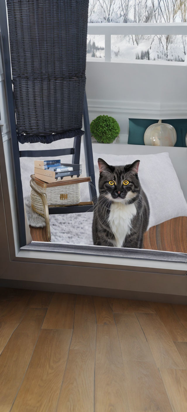 Grey and White Cat on Cozy Window Seat with Snowy Tree View