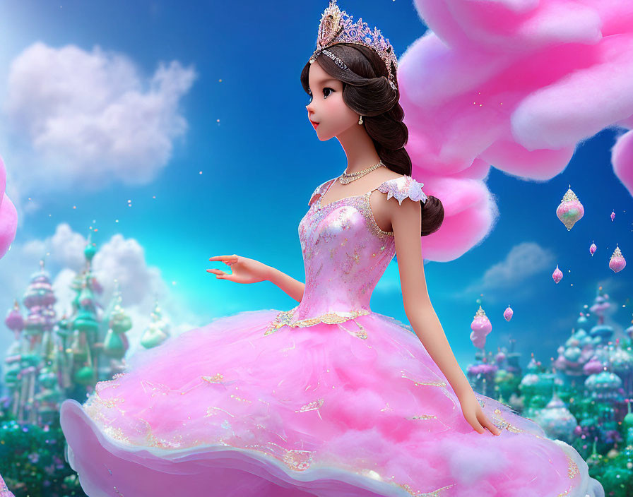 Pink gown princess in 3D animation on fantasy backdrop