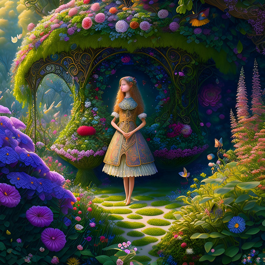 Girl standing in lush garden with flower archway and butterflies