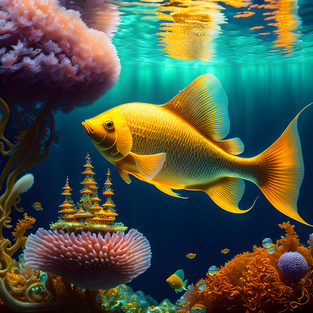 Colorful underwater scene with vibrant goldfish and intricate coral formations